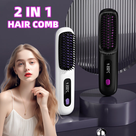2-in-1 Wireless Hair Straightener Comb – Portable & Fast Heating